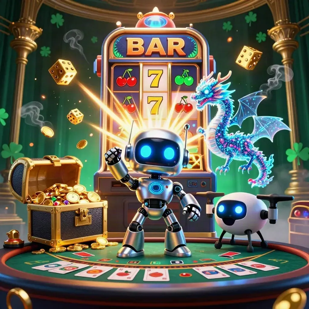 Robot, dragon, and drone amid a bursting slot machine in a neon casino scene.