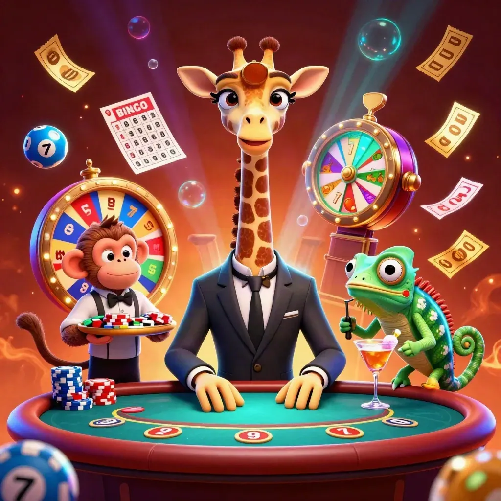 Giraffe high roller, monkey valet, and chameleon bartender amid casino bursts and neon glow.