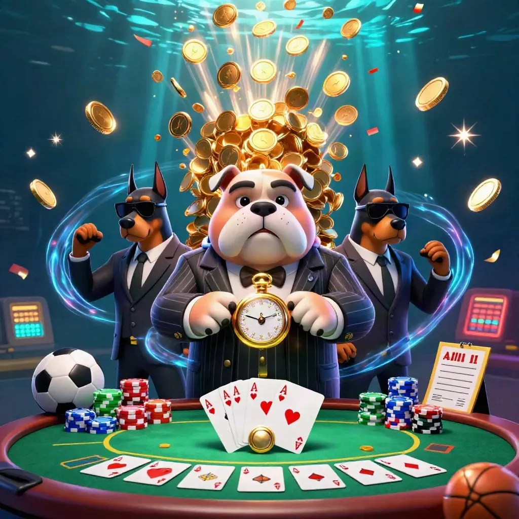 Cartoon bulldog boss with Dobermans amid bursting coins, chips, fireworks and casino props.