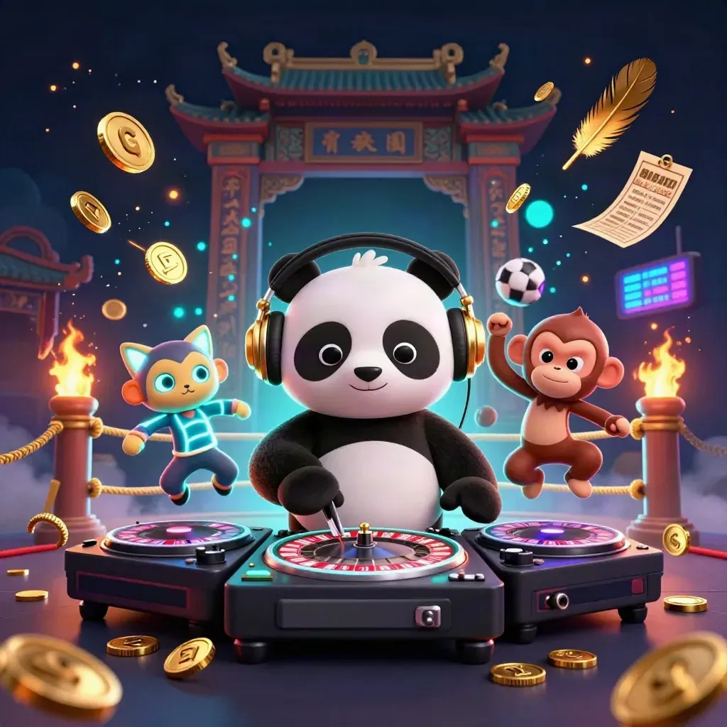 Panda DJ, dancing monkey, and glow-kitten amid gold coins, fire, and neon casino chaos.