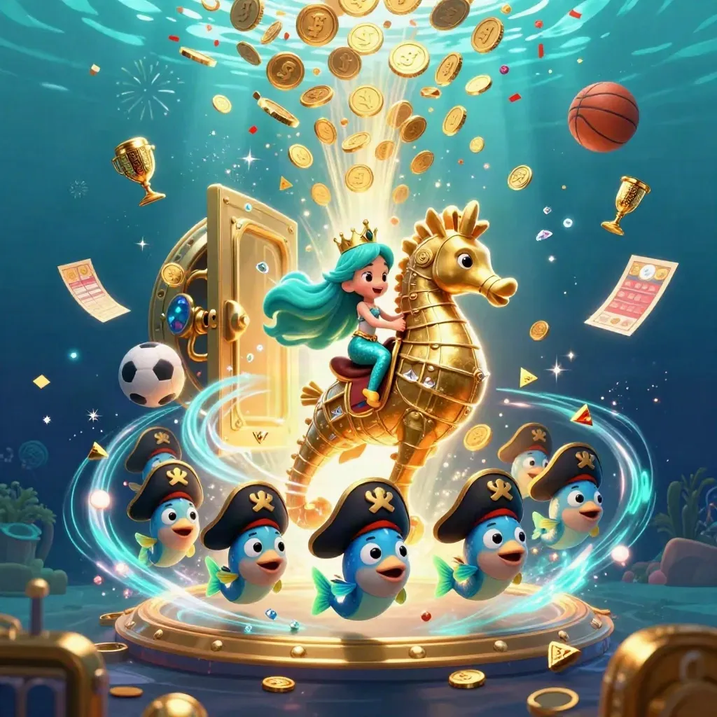 Mermaid princess on armored seahorse amid vault treasure, coins, fireworks, and casino sports icons.