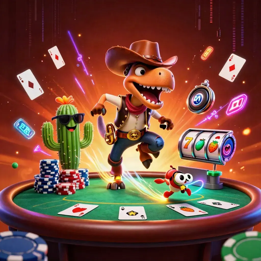 Cowboy T-Rex, cactus sidekick, and roadrunner amid neon casino chips and glowing reels